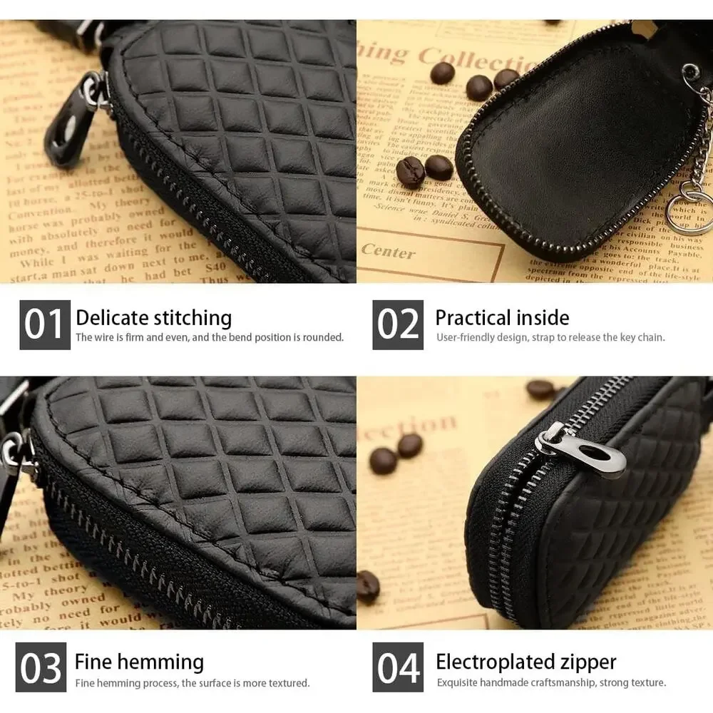 Car Key Case with Metal Hook, Genuine Leather Remote Zipper Bag (Coffee)